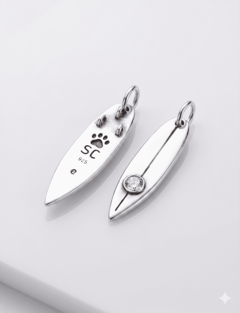 Sterling Silver Surfboard Pendant with Moissanite